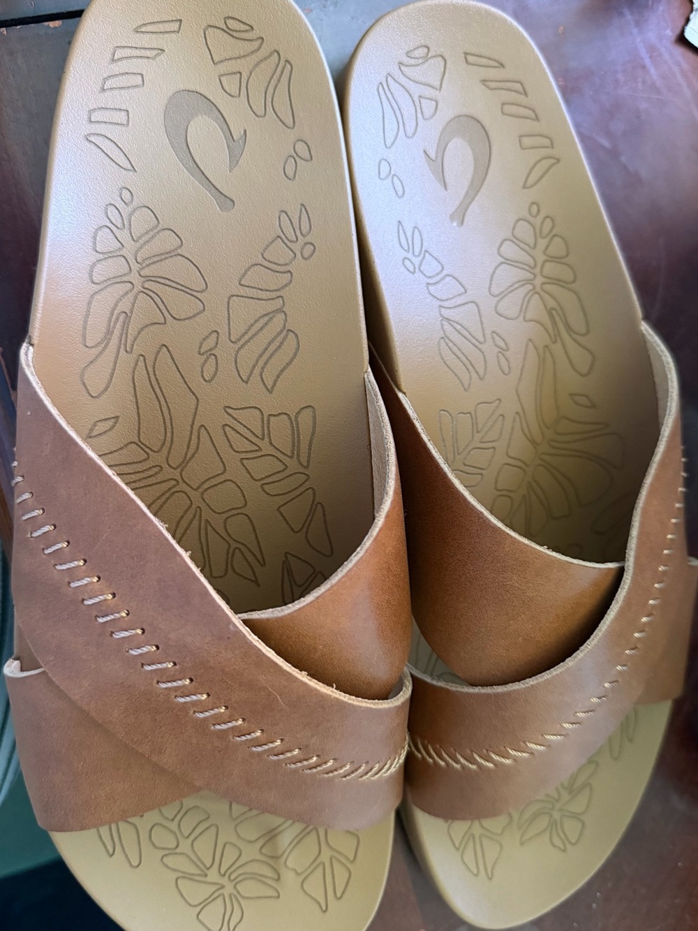 OluKai Women’s Brown Crisscross Slide Sandals